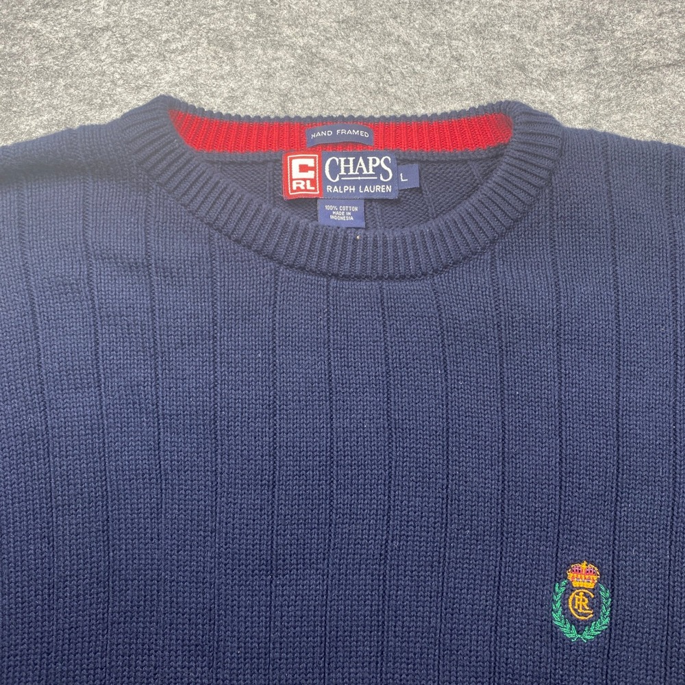 Vintage Chaps Ralph Lauren Navy Blue Ribbed Cotton Crest Sweater Mens Large READ - Picture 2 of 9